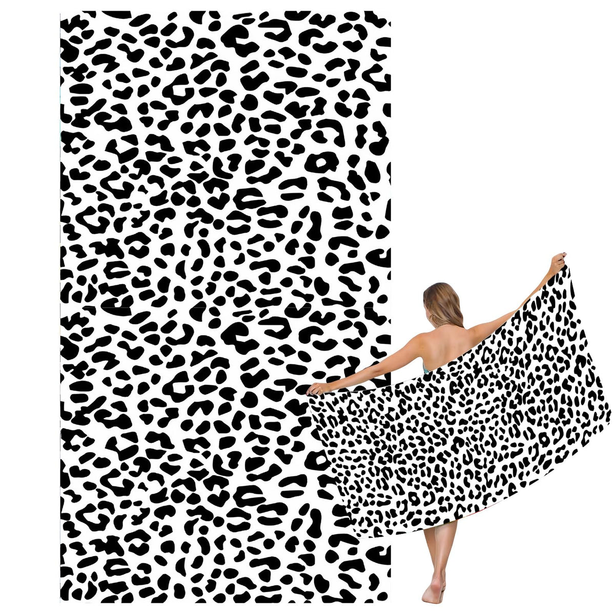 Large Quick Dry Microfibre Beach Bath Towel for Adult,Black White Leopard Print Sand Free Beach Towel with Bag,Lightweight Gym Yoga Sports