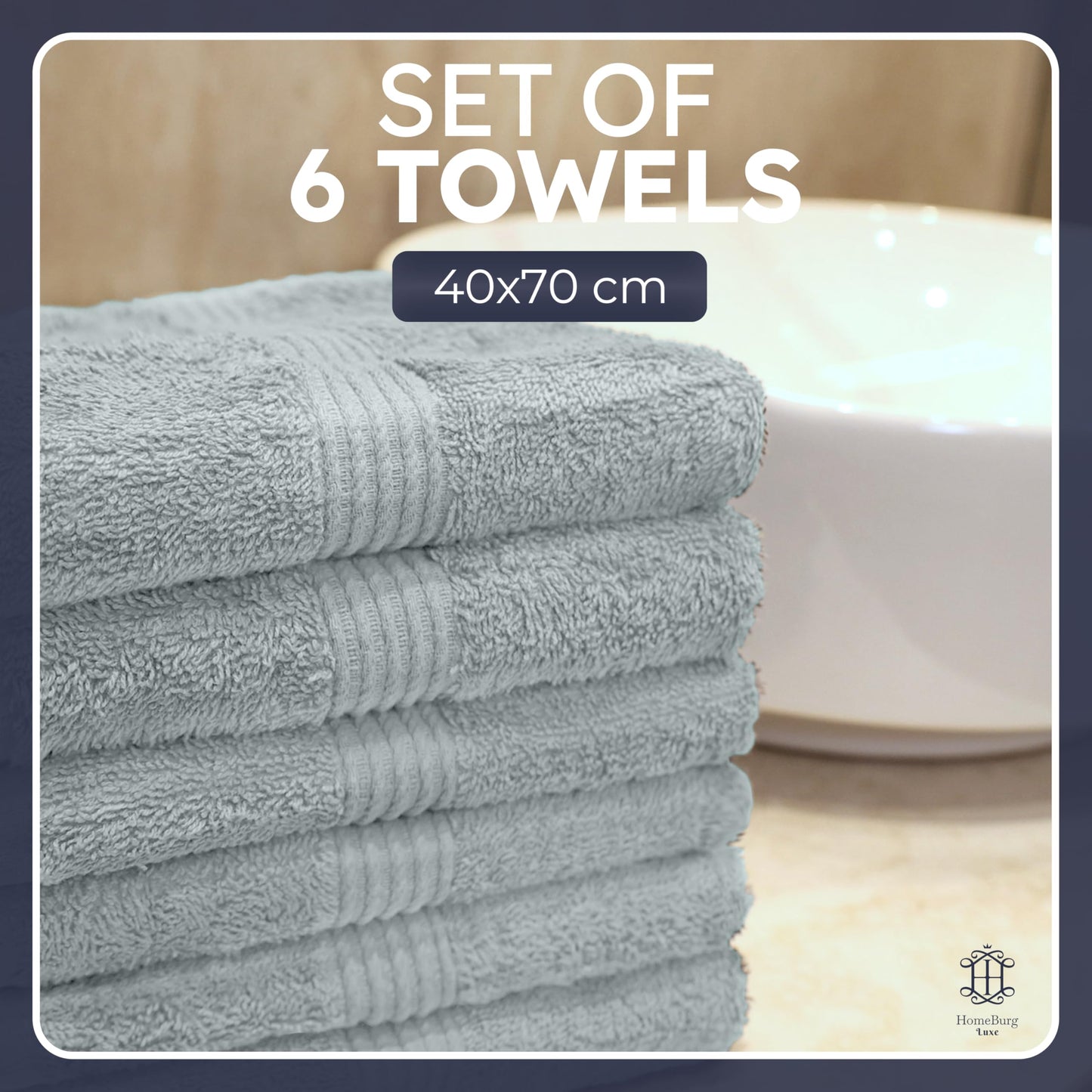 HomeBurg Luxe 6-Piece Towel Set – Soft & Absorbent Cotton, Quick-Drying, Easy Care, 40 x 70 cm, Ice Blue