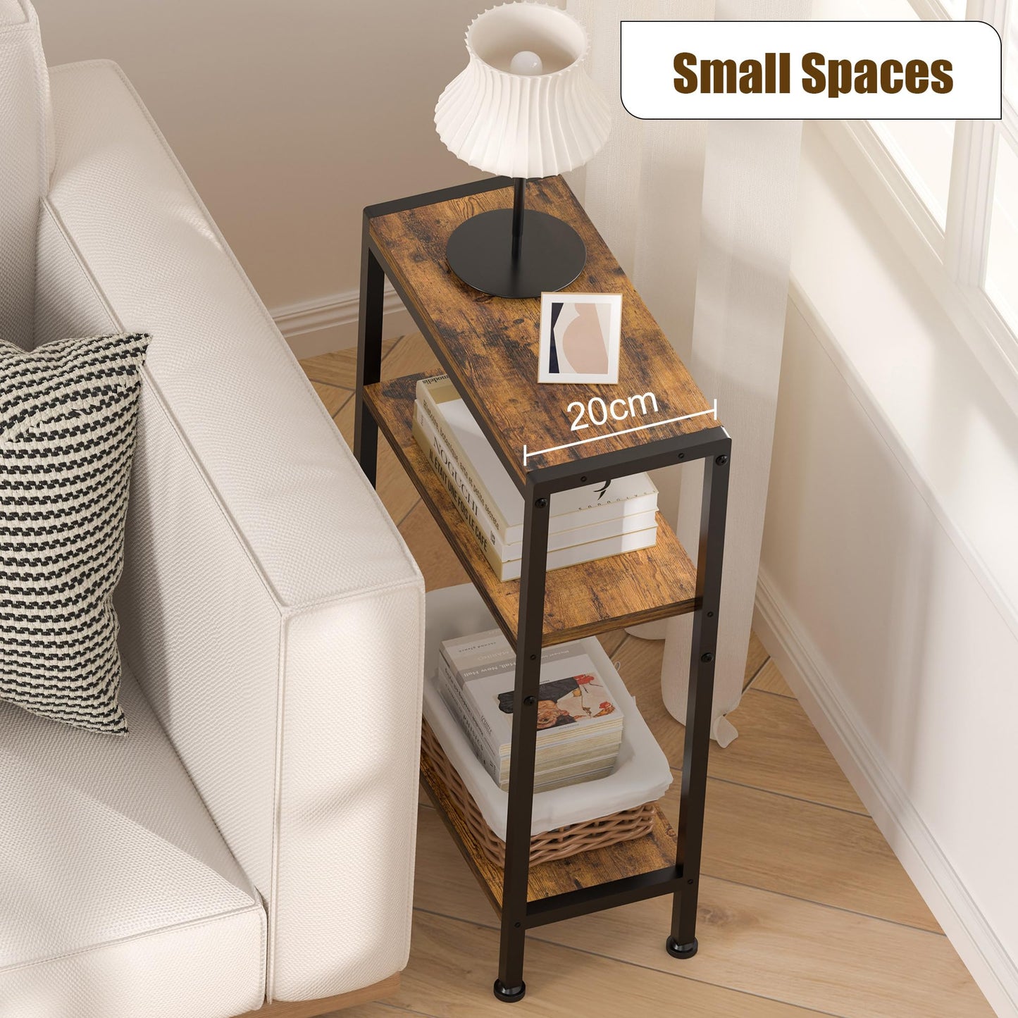 Vantimo 3-Tier Narrow Wooden Side Table, Small Slim End Table with Storage, Skinny Nightstand for Small Spaces, Living Room, Bedroom (Rustic Brown)