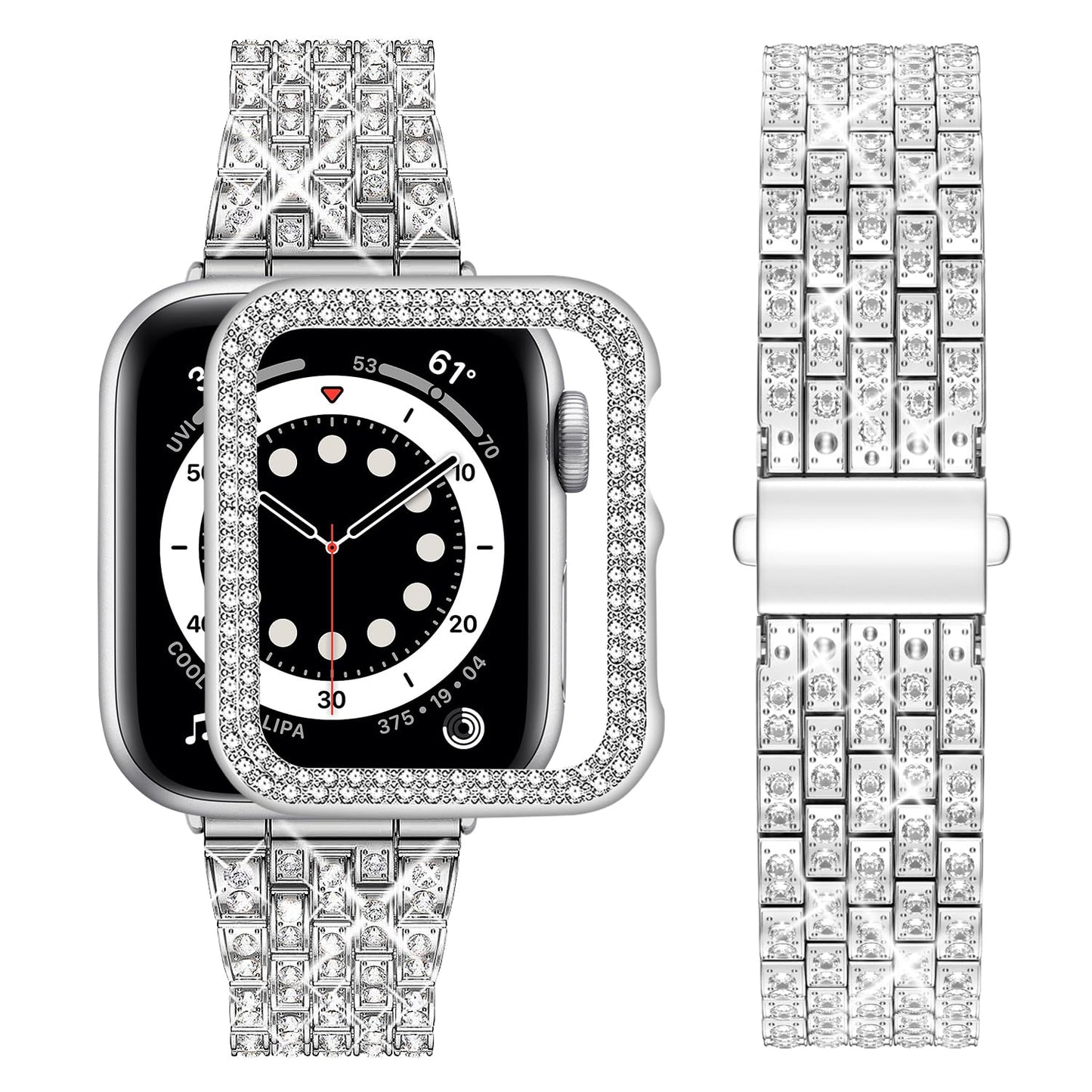wutwuk Compatible Bling Apple Watch Straps 44mm with Bling Case, Silver Sparkling Metal Woman iWatch Replacement Strap, Diamond Rhinestone Wristband