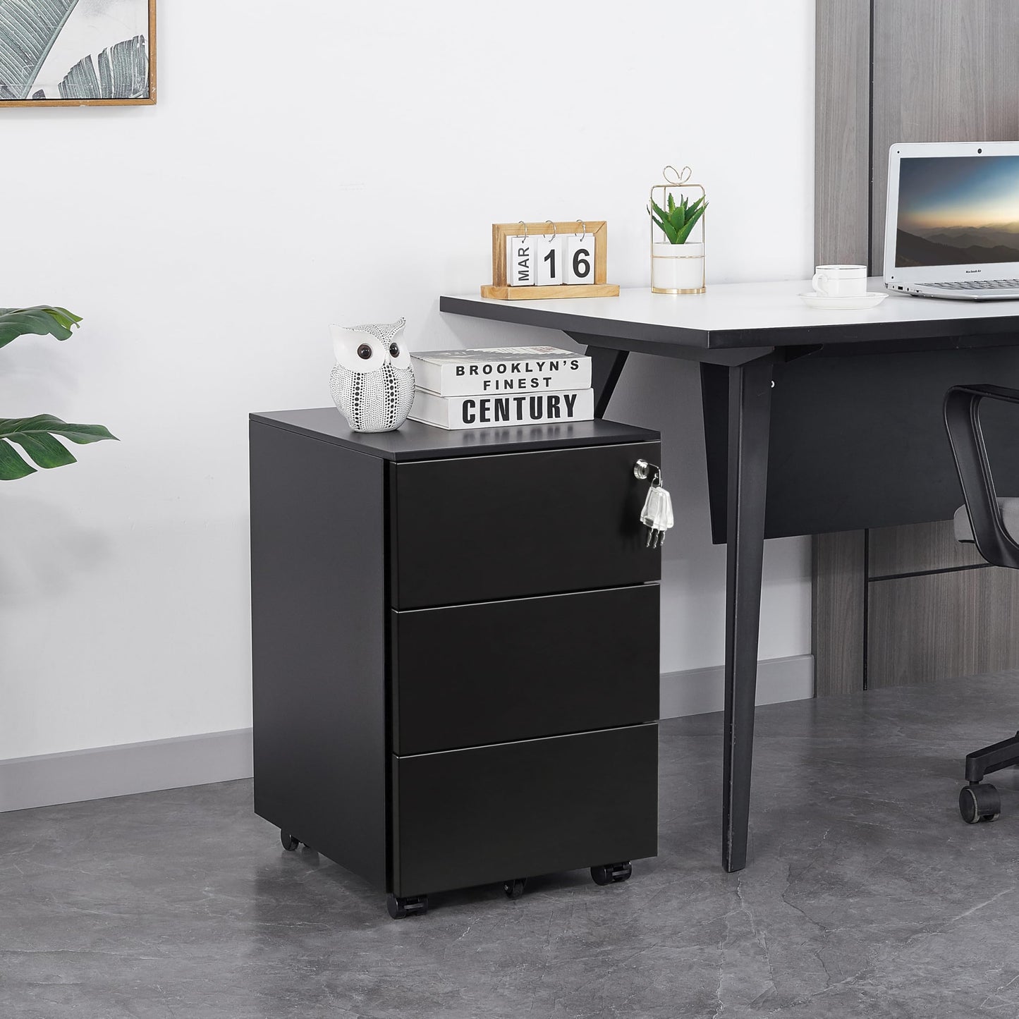 LVSTEEL 3-Drawer Mobile Filing Cabinet with Lock, Steel Office File Cabinet on Wheels, Under Desk Metal Cabinet, Fully Assembled, Black, 37x44x54cm