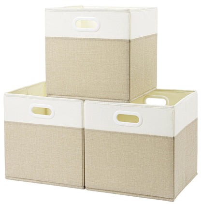 SOCOHOME Fabric Storage Boxes,33x33x33cm Storage Cube, Foldable Storage Baskets for Shelf Nursery ClosetLight Khaki/Cream White, 3 Pack