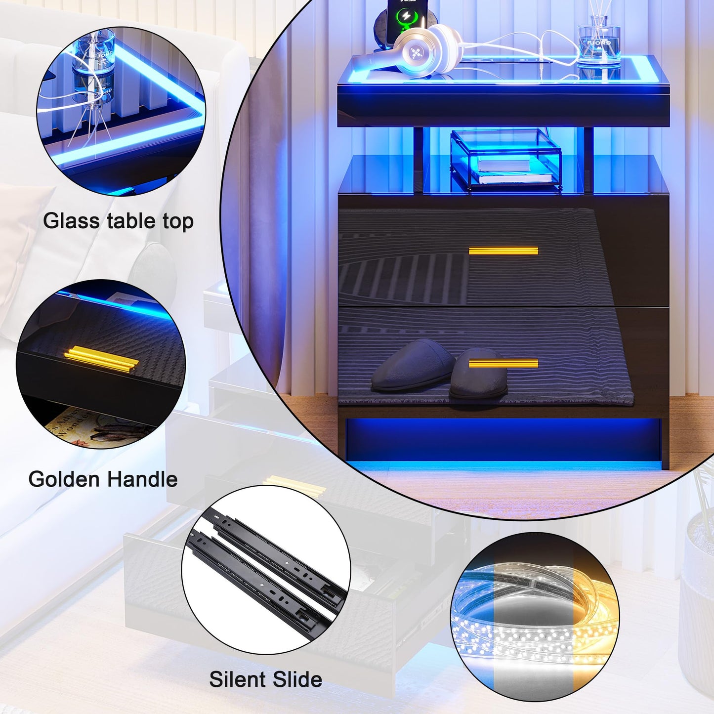 LED Bedside Table with Charging Station & 2 Drawers for Living Room Bedroom
