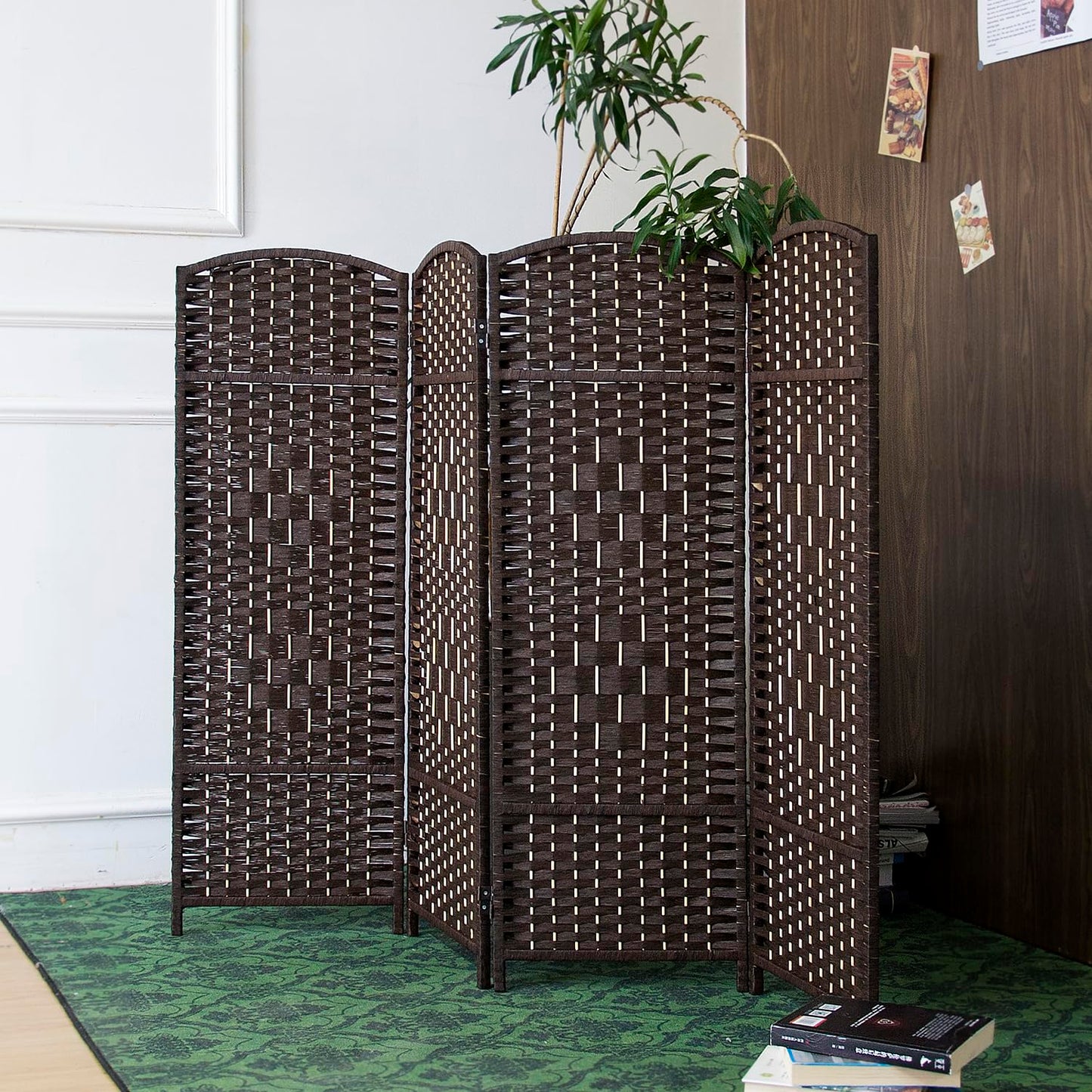 Furnnylane 4 Panel Dark Brown Rattan Divider Short Room Partition Screen,Double Sided Short Folding Divider for Room Separation,120 cm Tall