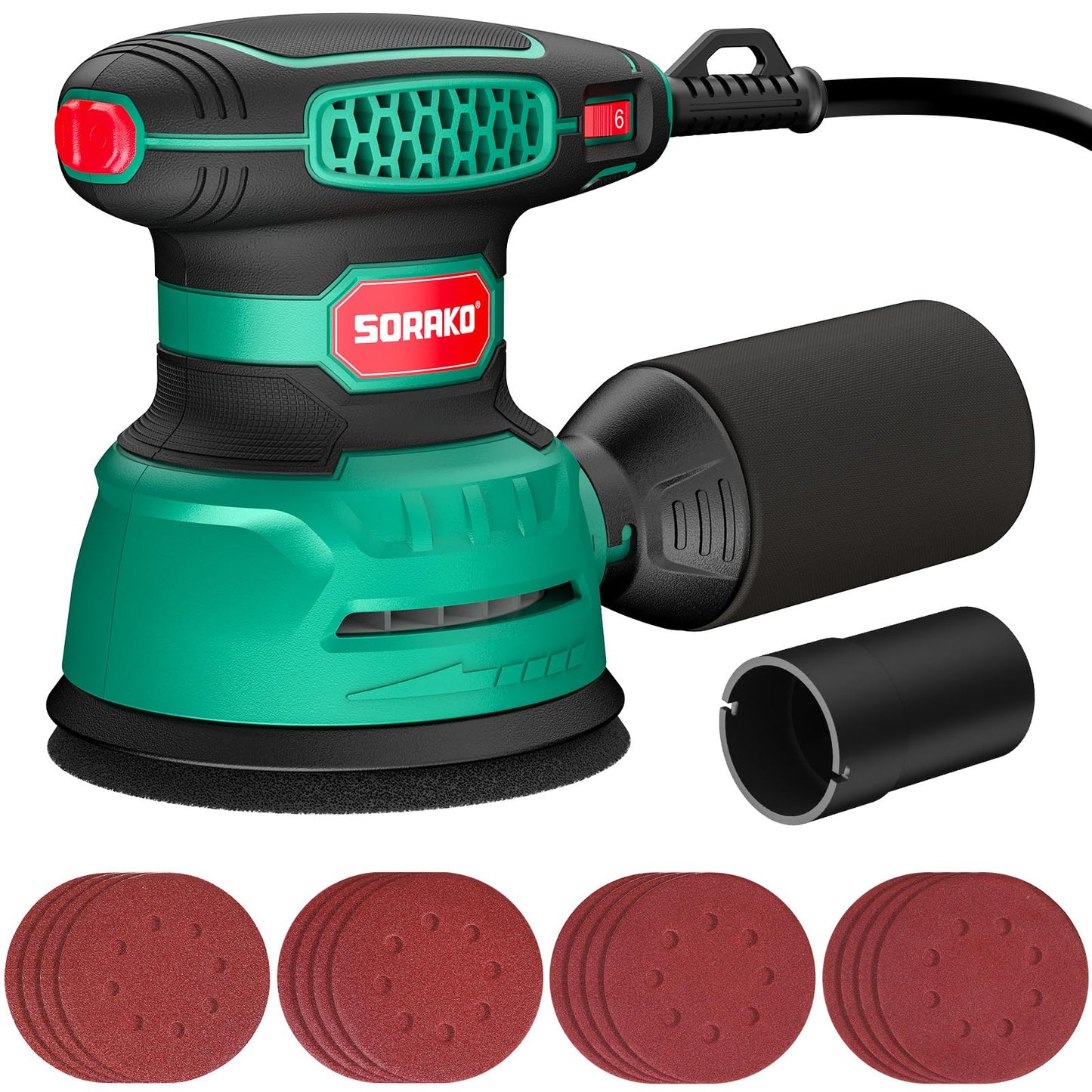 SORAKO Orbital Sander 350W, 125MM Random Orbital Sander, 6 Adjustable Speeds, 16pcs Sandpaper, with Dust Collection and Quick Brake Function, for