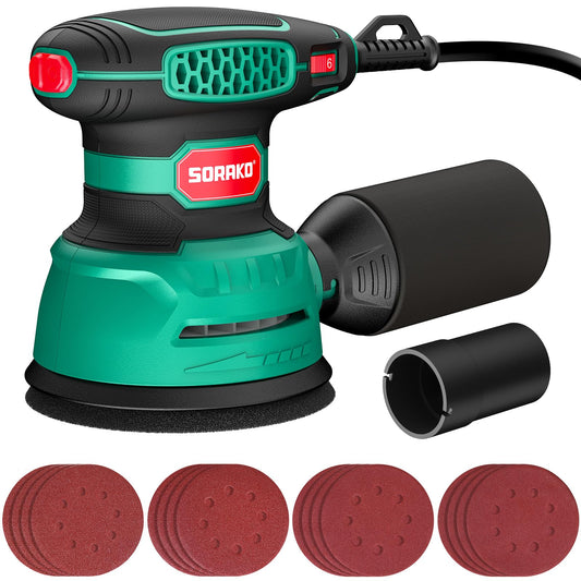 SORAKO Orbital Sander 350W, 125MM Random Orbital Sander, 6 Adjustable Speeds, 16pcs Sandpaper, with Dust Collection and Quick Brake Function, for