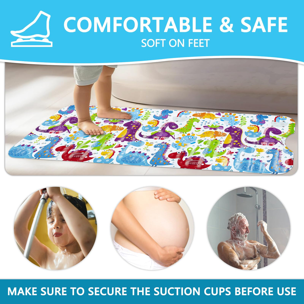 Capslpad Bathtub Mat Non Slip Anti Mould 40x100 cm Cartoon Dinosaurs Bath Mats Extra Large Soft Bath Seat Mat with Suction Cups & Drain Holes Machine