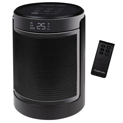 Russell Hobbs Space Heater in Black & Silver 1500W Portable Oscillating Ceramic Round Electric Heater, Low Energy Digital Display, 4 Modes, 24hr Auto