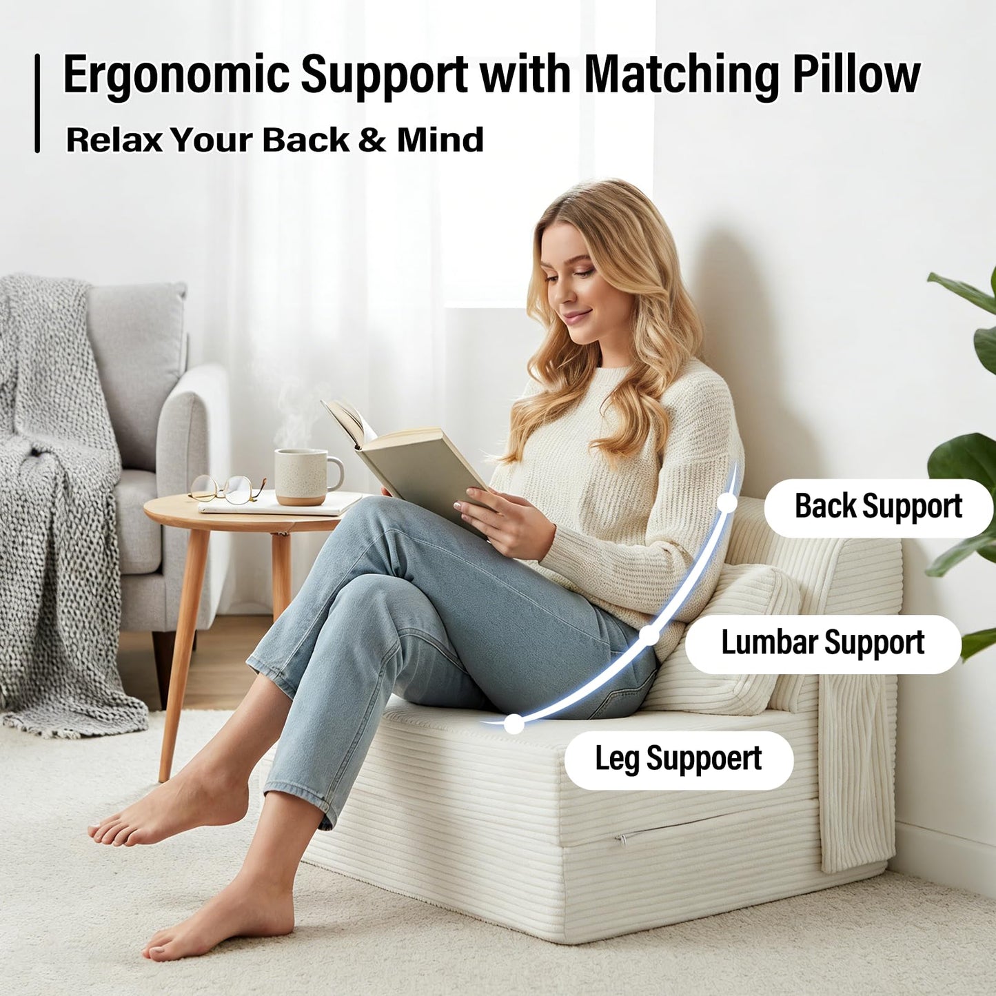YOTATING Folding Sofa Bed with Pillow, Corduroy Convertible Sleeper Chair, Comfy Floor Futon Mattress Lounge Sofa for Adults