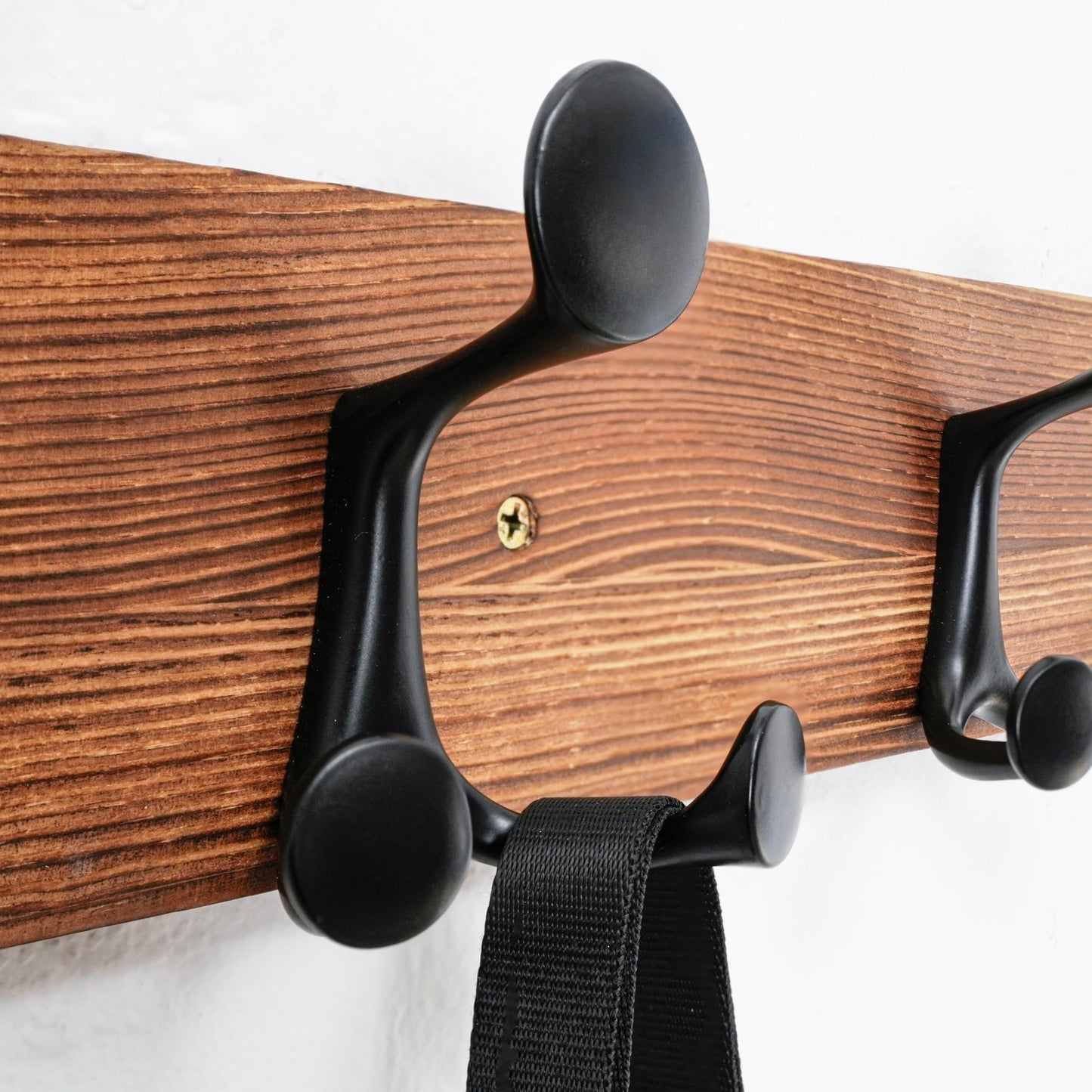 HONSKY Wall Mounted Coat Rack, 61cm Brown Pine Wood Base, 4 Black Sturdy Aluminium Alloy Triple Hooks(12 Hanging Points)