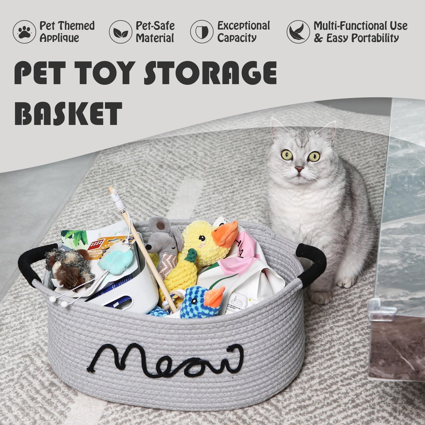 Sea Team Grey Cotton Rope Cat Toy Storage Basket Meow Print with Handles