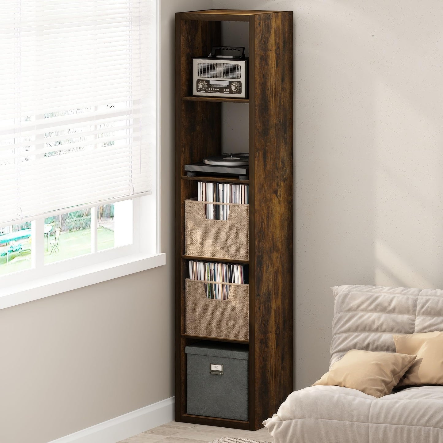 Furinno CUBICLE Record Player Stand with Vinyl Storage, 5-Cube 1.2 Extra Thick Vinyl Record Storage