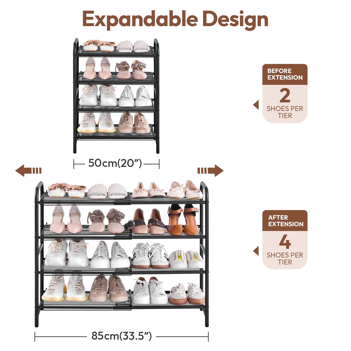 Yaheetech 4 Tier Extendable Shoe Rack with Mesh Shelf, Adjustable Shoe Organiser for Closet, Tool-Free Assembly, Stable Construction