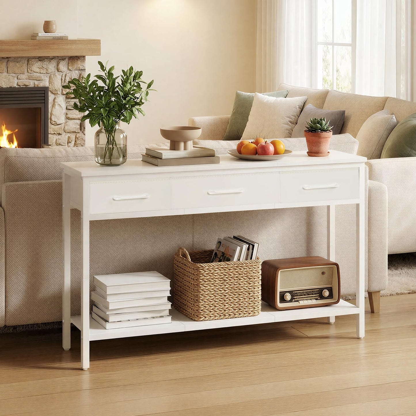 MAHANCRIS Console Table with 3 Fabric Drawers, Narrow Console Table with Open Shelf, 97 cm L Slim Entryway Table, Couch Table, for Hallway