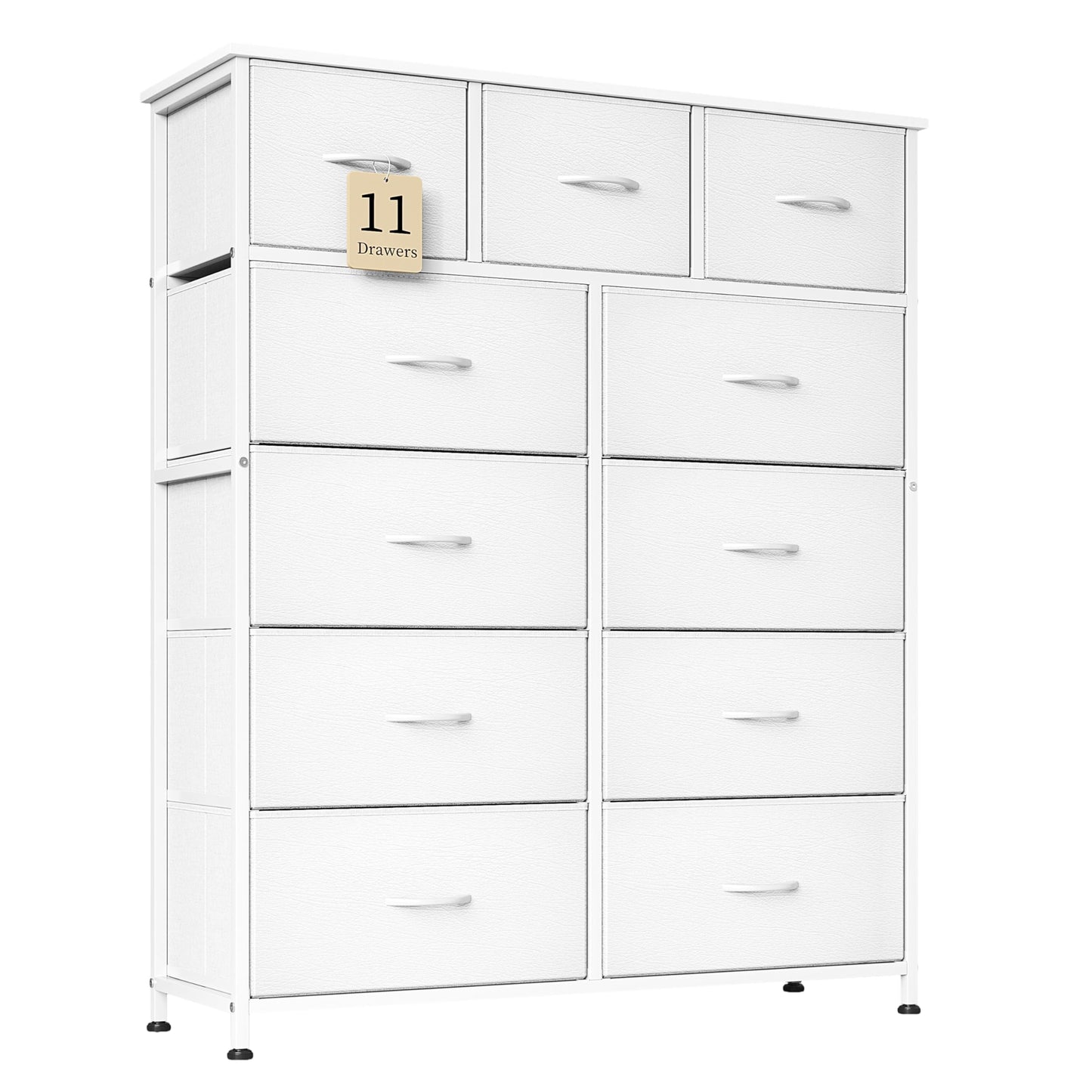 Flrrtenv Chest of Drawer with 11 Drawers, Modern Bedroom Cabinte, Fabric Drawers with Wooden Top, Sturdy Metal Frame, Tall White Hallway Storage Unit