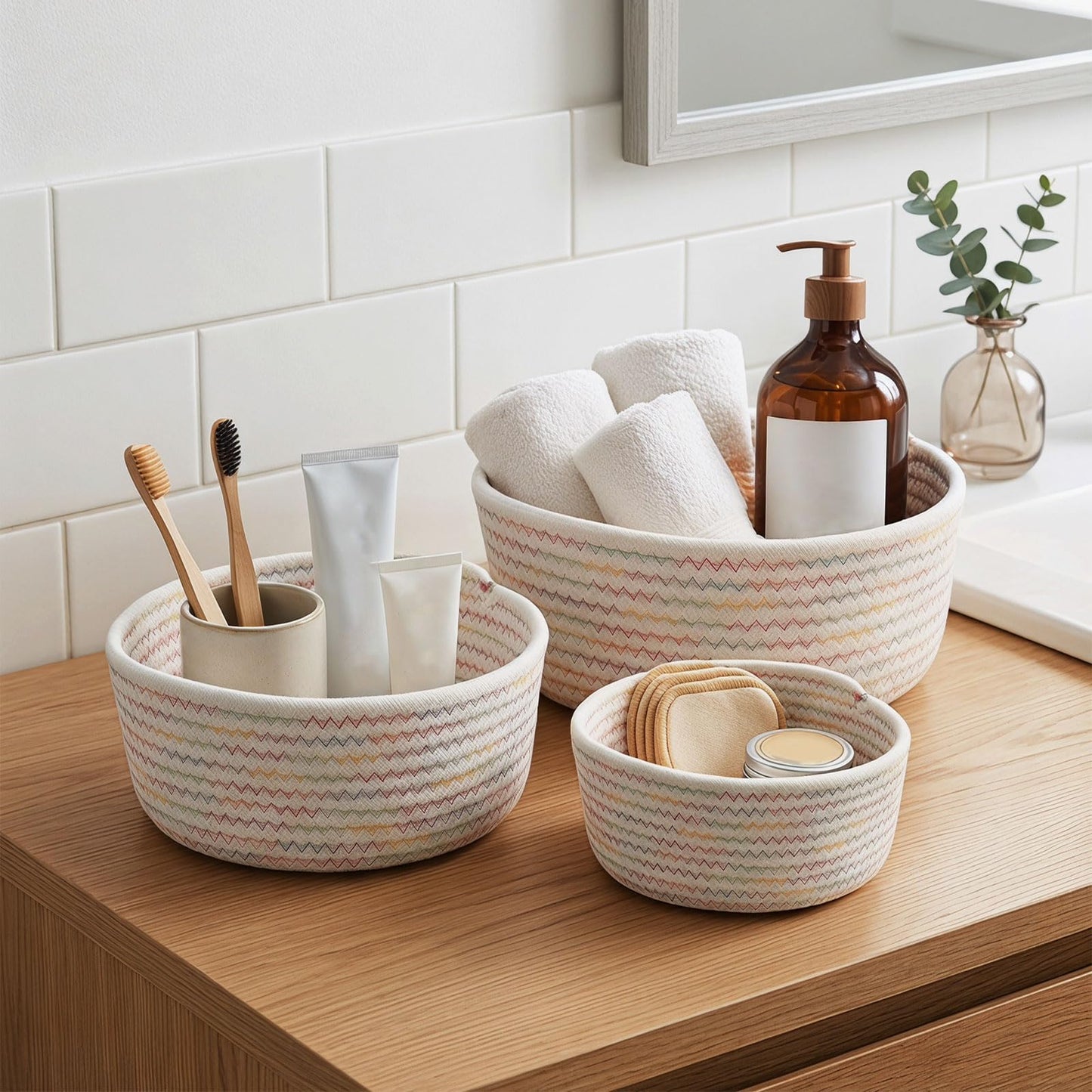 3 Pcs Small Woven Baskets, Cotton Rope Round Organizer for Shelves