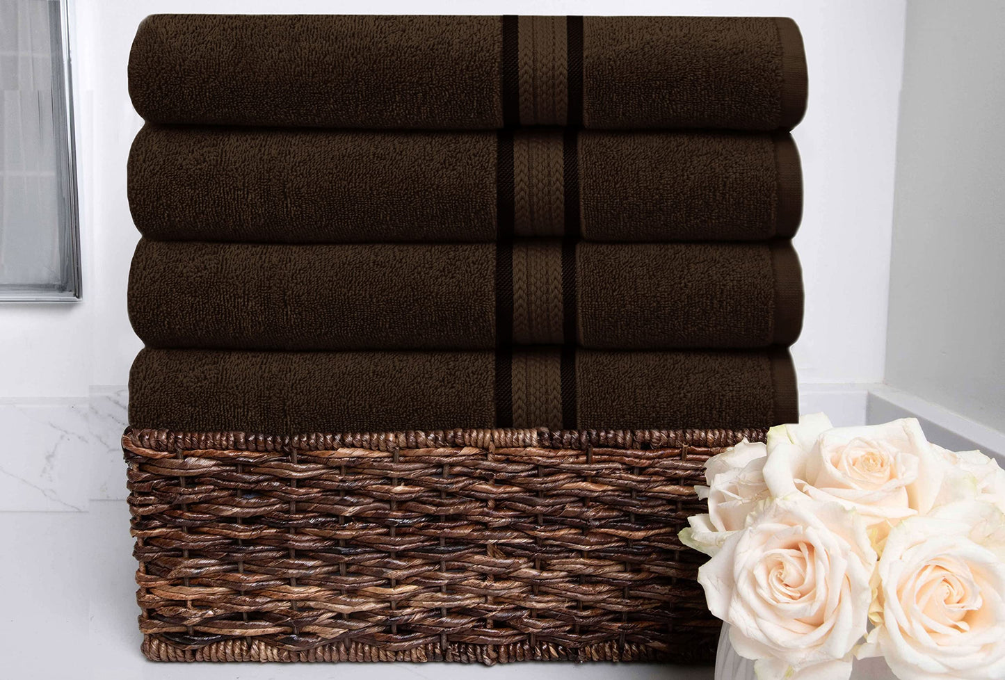 COTTON CRAFT Ultra Soft Luxury Set of 4 Ringspun Cotton Bath Towels, 580GSM, Heavyweight, 30 inch x 54 inch, Chocolate Brown