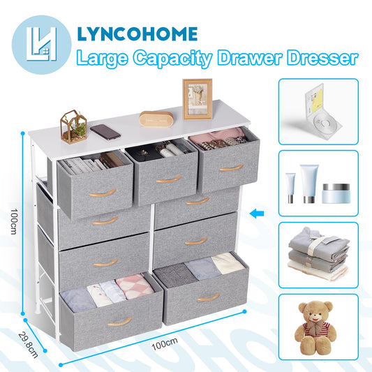 LYNCOHOME Chest of Drawer Bedroom, 9 Drawers Dresser with Deep and Large Drawers, Fabric Storage Drawers Easy to Assemble, for Bedroom, Kids room,