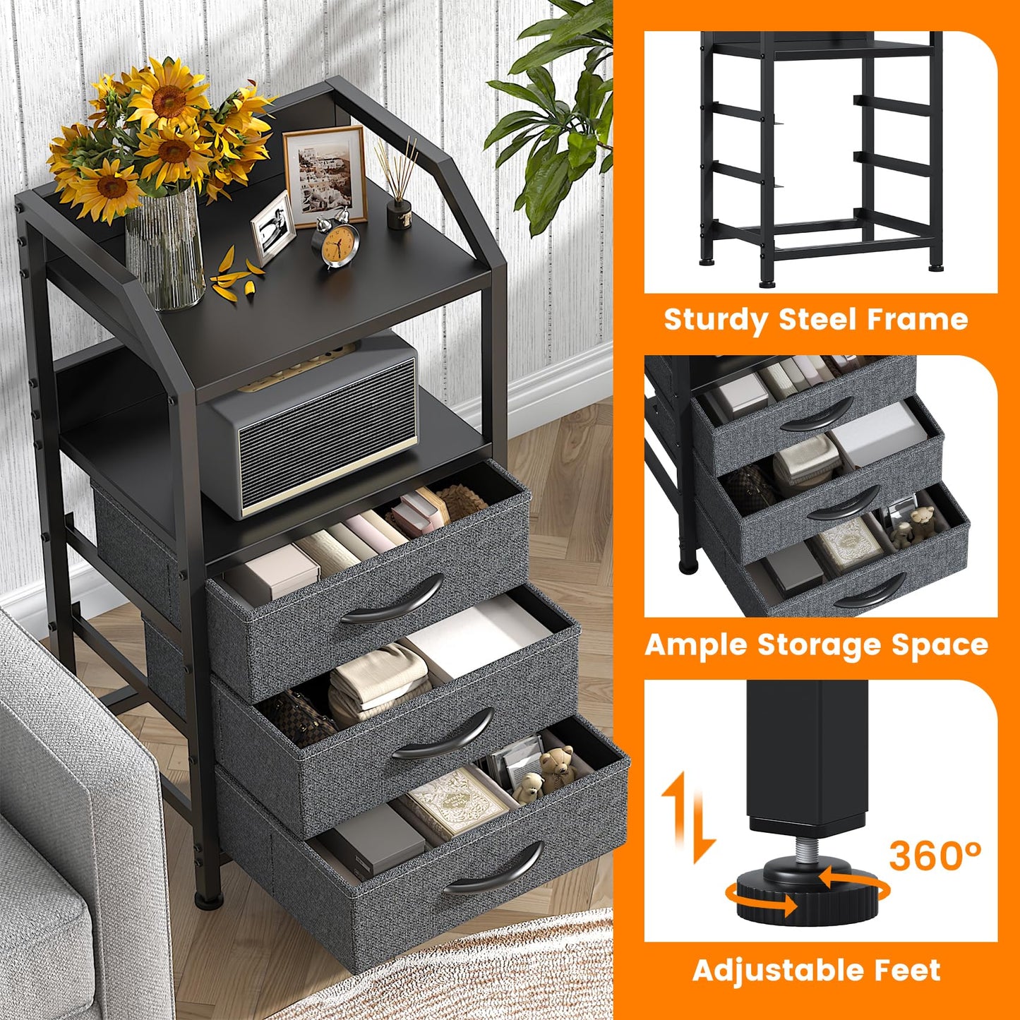 Feonase Bedside Table with 3 Fabric Drawers and Open Shelf, Nightstand for Bedroom, Living Room, Small Spaces – Metal Frame & Wooden Top