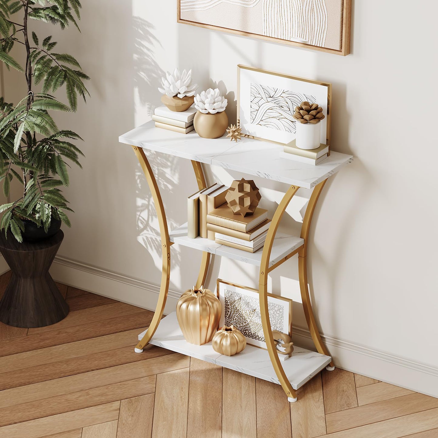 Trironsun Rustic Narrow Console Table with 3 Tiers, Slim Hallway Table with Curved Metal Frame and Open Shelves