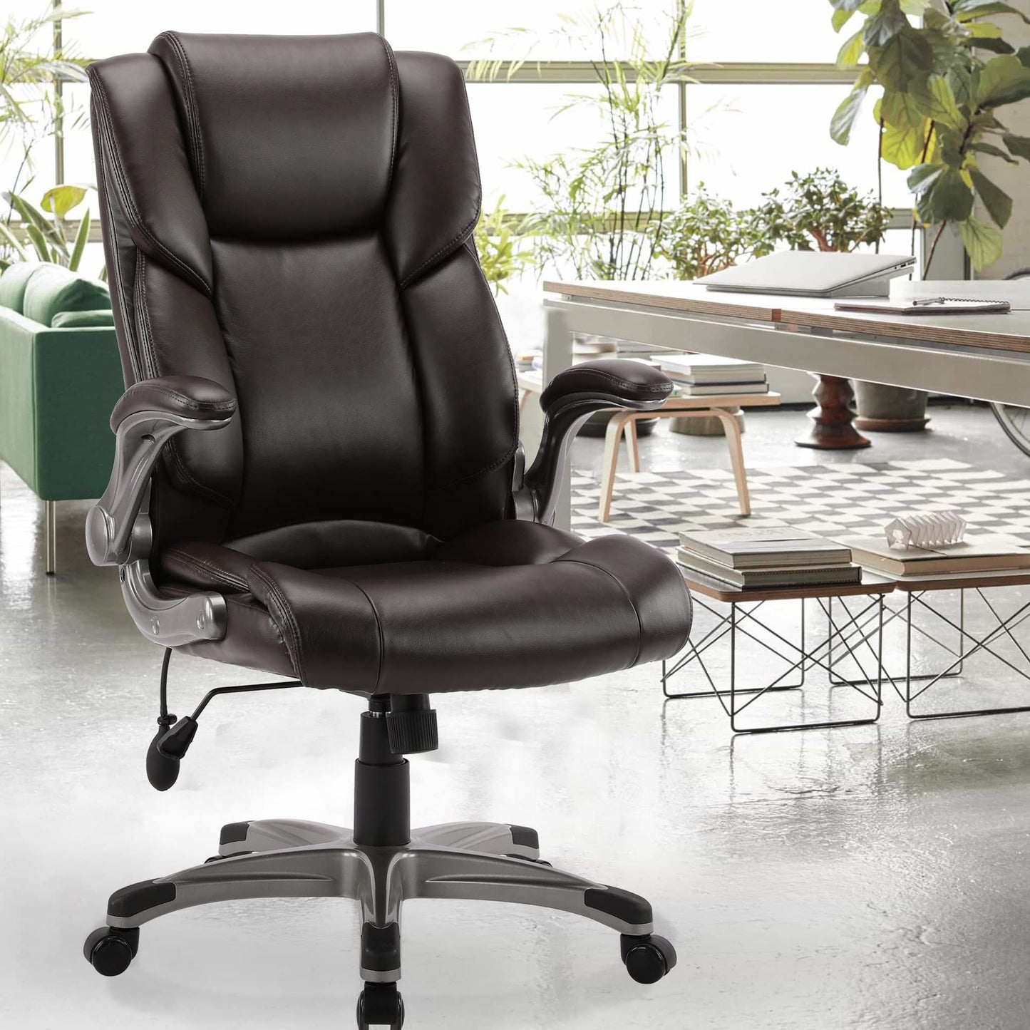 COLAMY High Back Executive Office Chair- Ergonomic Home Computer Desk Leather Chair with Padded Flip-up Arms, Adjustable Tilt Lock