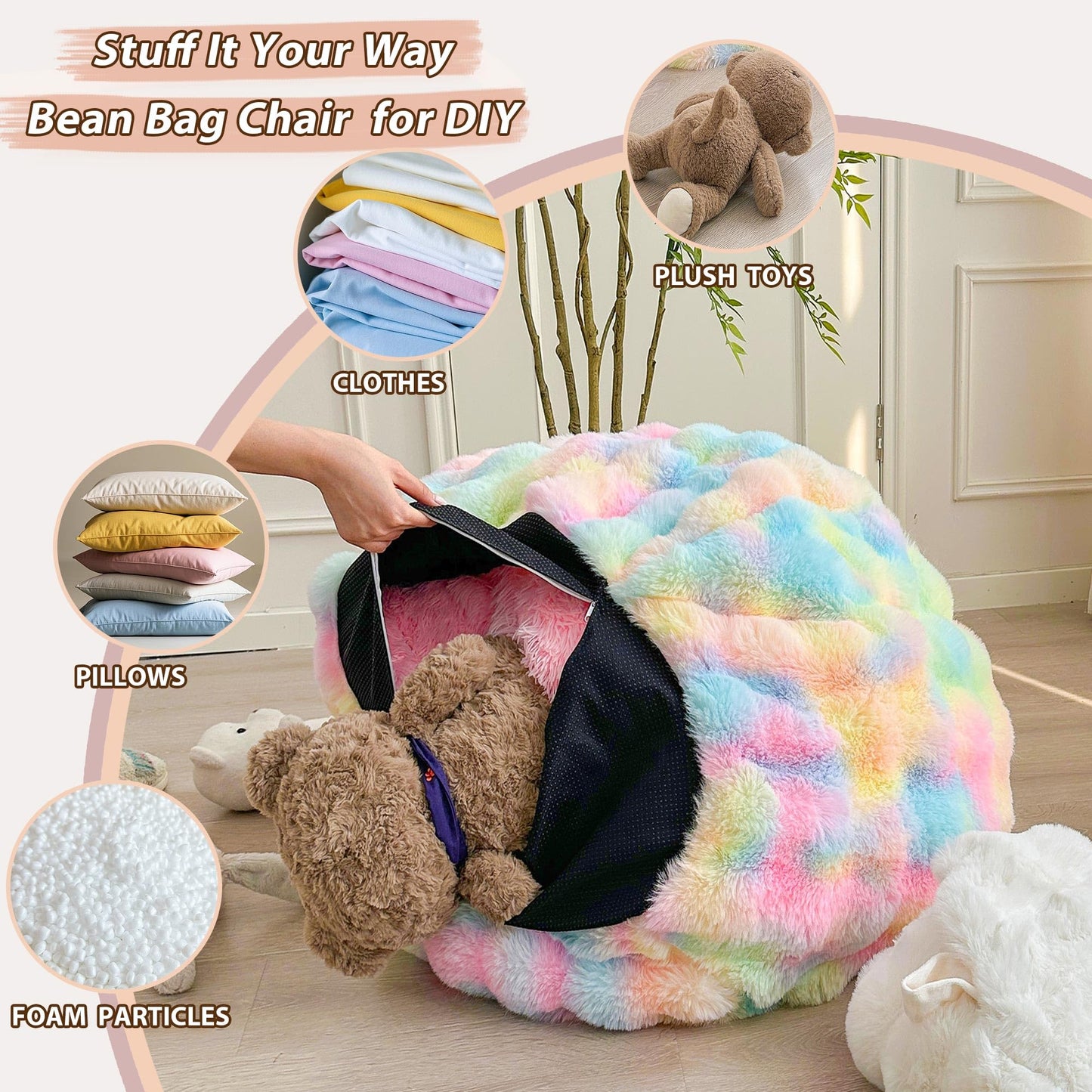 LIFEREVO Kids Fluffy Faux Rabbit Fur Bean Bag Chair Cover, No Filler, Black