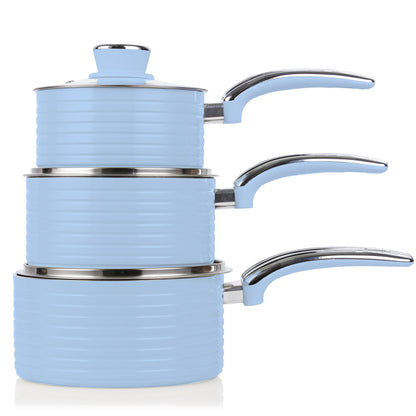 Swan SWPS3020BLN Retro Induction Saucepan Set With Glass Lids, Non Stick Ceramic Coating, Easy to Clean, Blue, 3 Piece, 16/18/20 cm