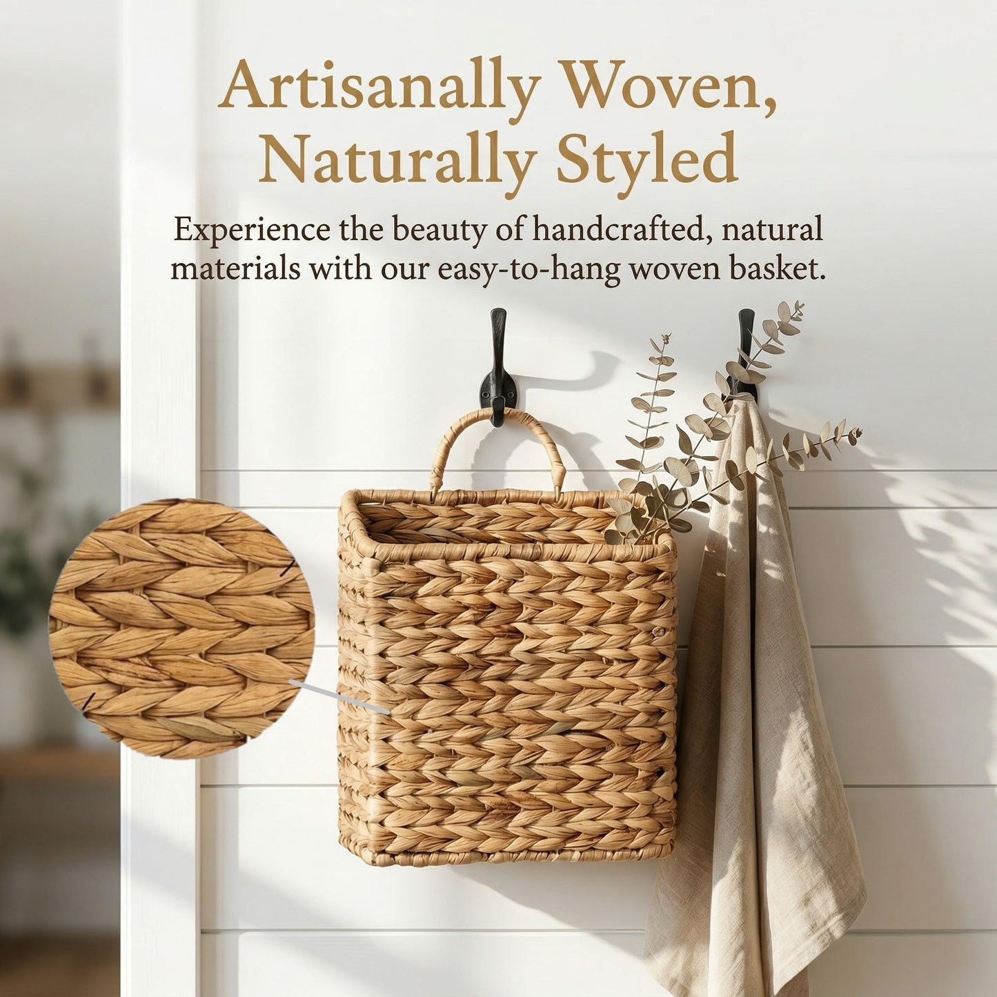 FRONDENT Wicker Hanging Storage Basket, 2 Pack Hanging Baskets Wall Planter, Woven Water Hyacinth Baskets, Storage Organizer Basket for Walls, Doors