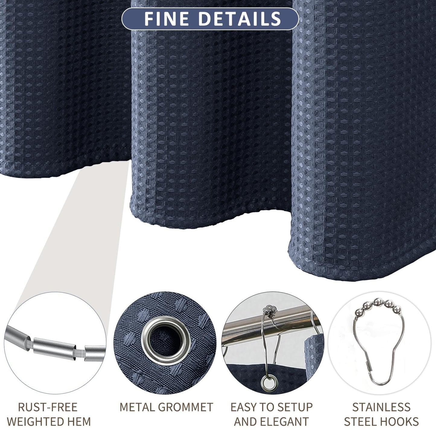 FY&XZH Heavy-Duty Waffle Weave Shower Curtain with Stainless Steel Hooks, Thick Fabric for Bathroom, Hotel, Spa & Salon-183 x 183cm (Navy Blue)