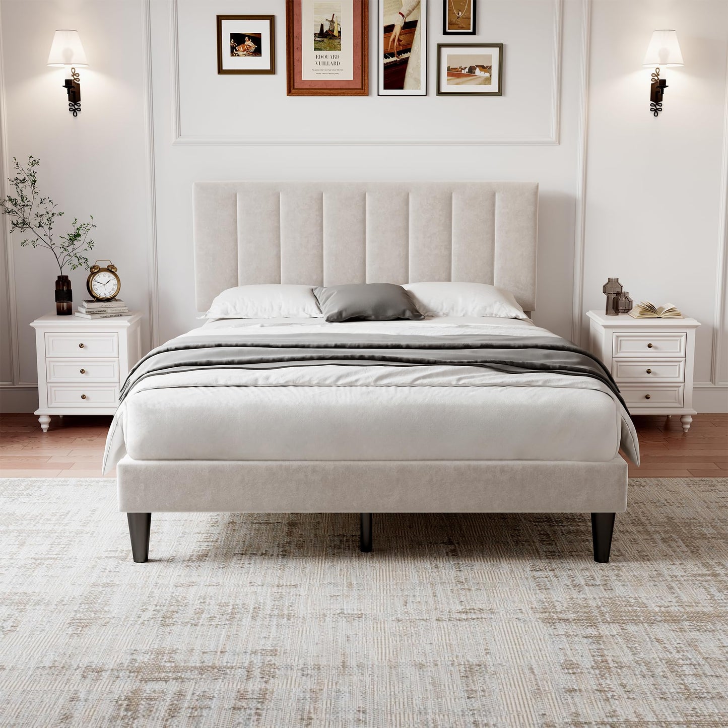 Merax 4ft6 Upholstered Bed Double Bed Frame with Adjustable Headboard,Children's bed,Youth bed,Guest bed,Velvet, Solid Wood Slats,Easy Assembly