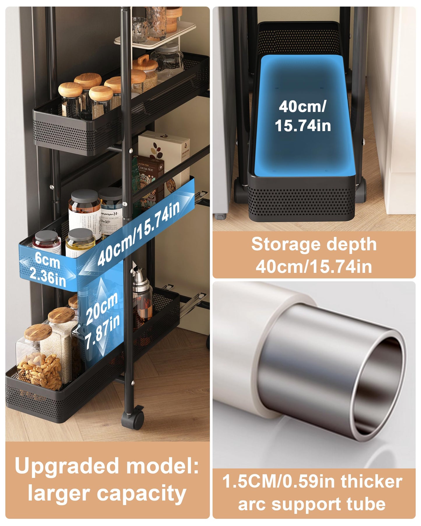 UMDONX Metal Slim Storage Trolley with Pull out Drawer Basket 4 Tier