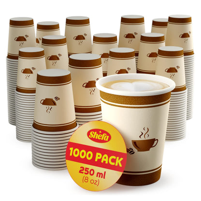 Shefa 1000 Coffee Cups - 8oz Paper Cups for Hot or Cold Drinks, Takeaway Coffee Cups for Coffee Shops - Heat-Resistant Coffee or Tea Cup, BPA-Free