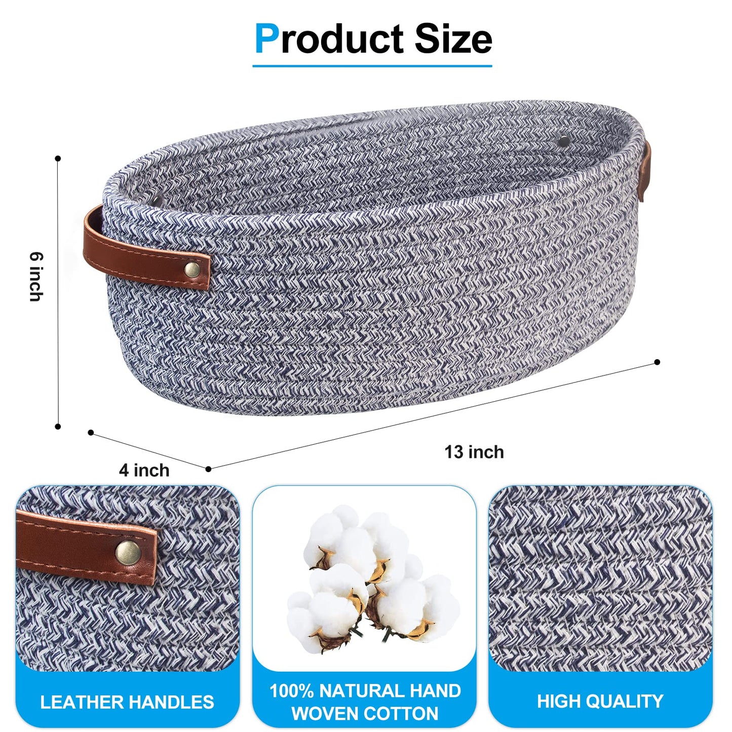AmapleL Toilet Tank Topper, Small Cotton Rope Woven Storage Basket, Toilet Paper Holder with Handles, 13"x5.9"x4" Blue