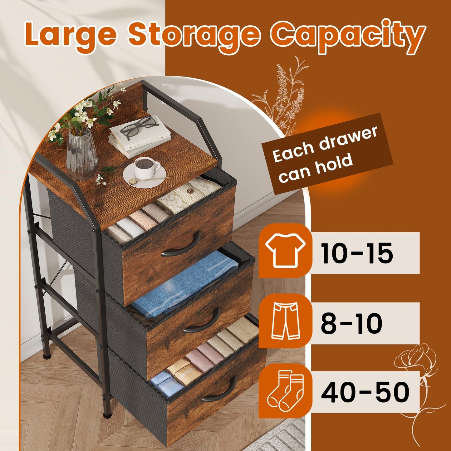 Feonase 3-Drawer Chest of Drawers with Metal Frame & Top Back Shelf – Modern Fabric Storage Cabinet for Bedroom, Living Room, Small Spaces