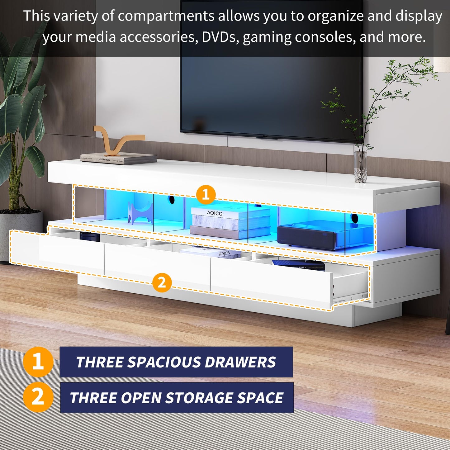 Ball & Cast TV Stand Cabinet, High Gloss TV Unit with LED Lights via Bluetooth, White TV Cabinet with 3 Drawers & 3 Open Storage Space