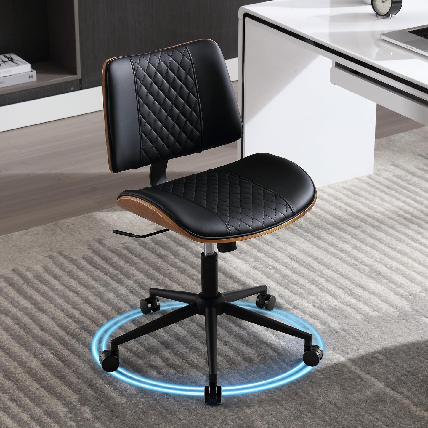 BERYTH Armless Desk Chair with Wheels Boucle Home Office Chair 360° Swivel Adjustable Height PU Leather Max. 136kg Mid Back Modern Bentwood Walnut