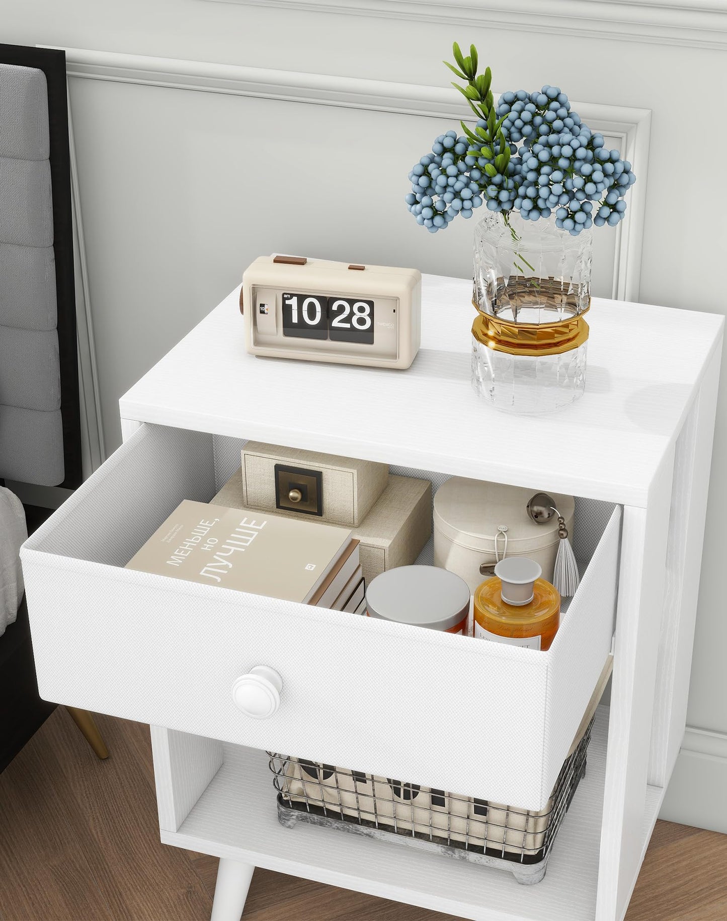 YMYNY Set of 2 Side Tables, Bedside Table, Sofa End Table, with Fabric Drawers and Open Shelf Unit, Solid Wood Legs, Nightstand, for Bedroom