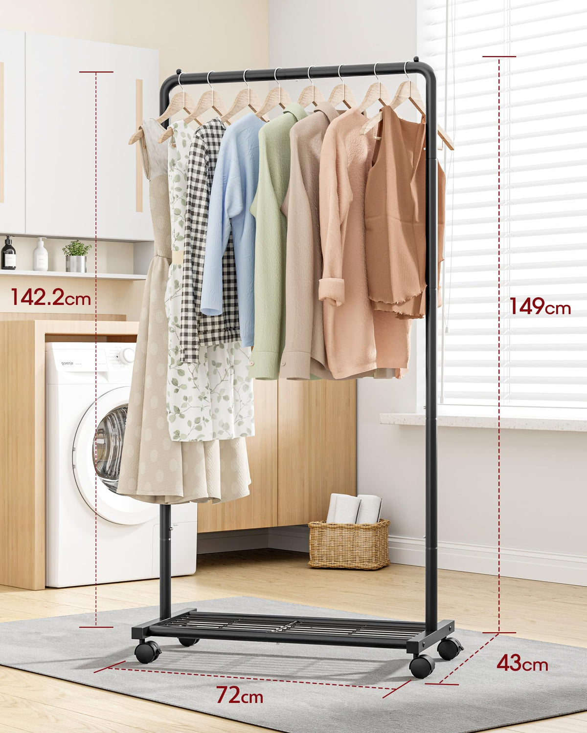 Sakugi Movable Clothes Rail with Shoe Shelf, 72x43x149cm, Black
