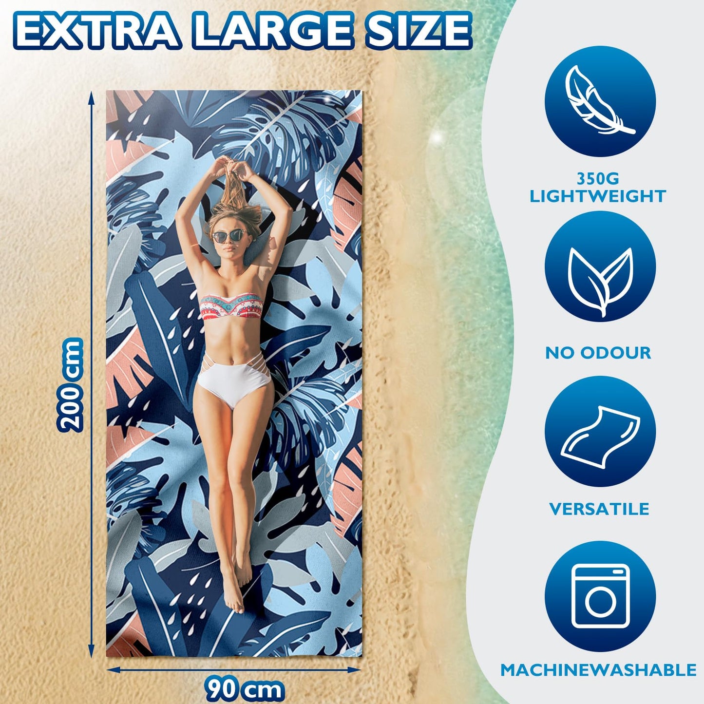 Giyim Beach Towels - 1 Pack 200x90cm Lightweight Microfibre Beach Towel with Mesh Bags