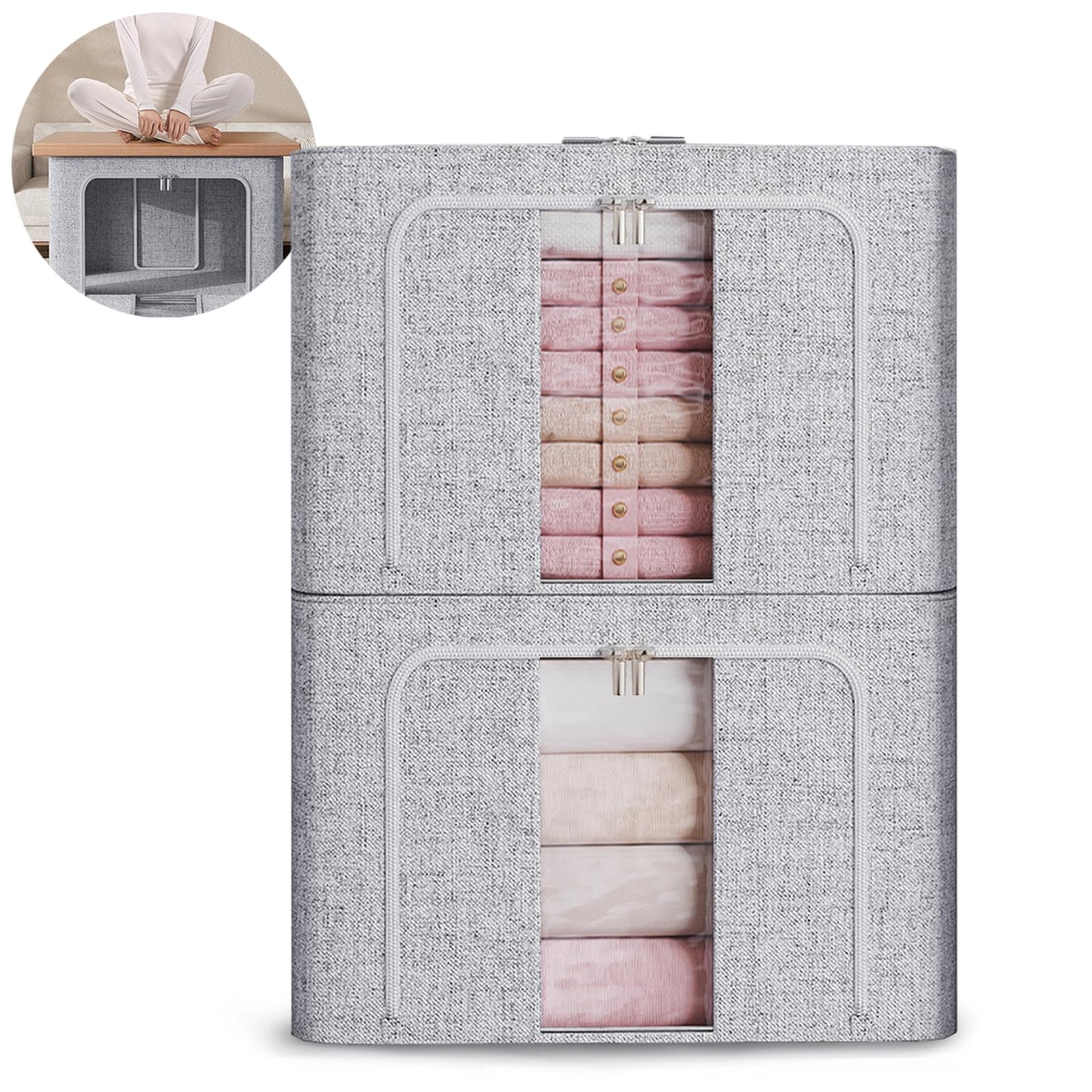 FYTXSZ Clothes Storage Boxes 66L with Metal Frame, Foldable Fabric Storage Bins with Lid and Clear Window