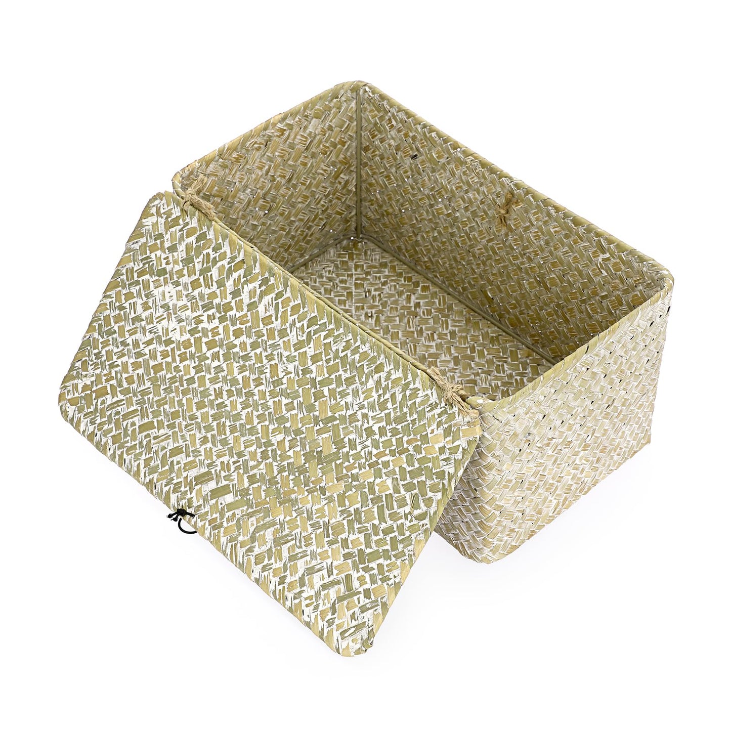 IGNPION Seagrass Storage Basket with Lid Woven Wicker Desktop Basket Rectangular Bathroom Storage Organiser Box