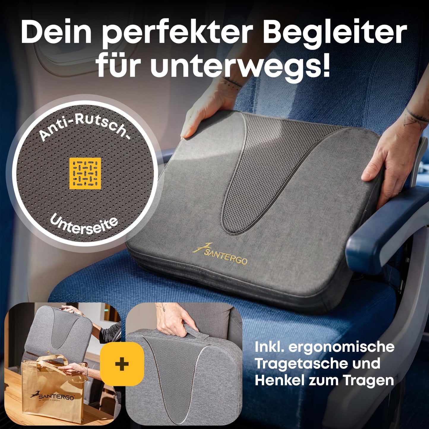 SANTERGO Ergonomic Seat Cushion Made of Moulded Foam [Patented & Dimensionally Stable] Chair Cushion Wedge Cushion Chair Office Chair Wheelchair Car