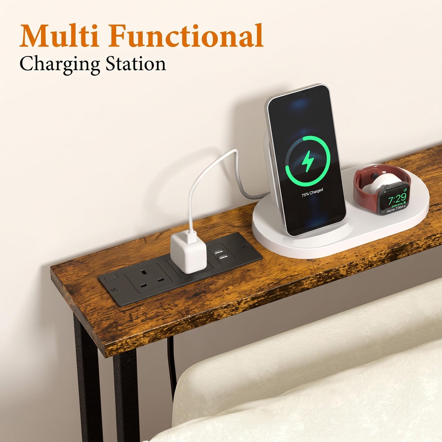 Keelian 100 cm Behind Sofa Console Table with Power Outlet Rustic Brown