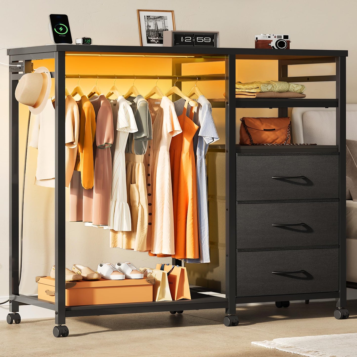 WLIVE Black Chest of Drawers with LED & Charger, Fabric Open Wardrobe