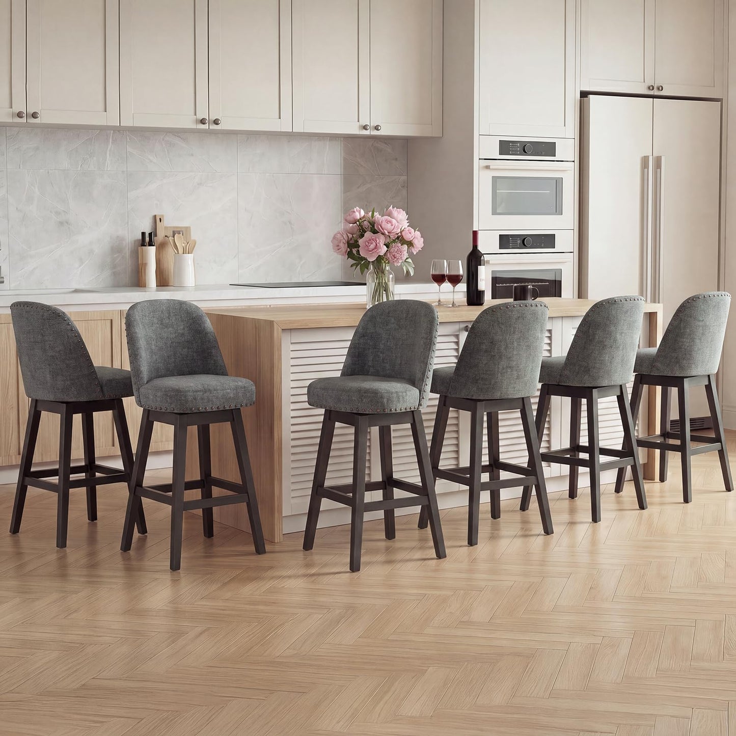 Bar Stools Set of 6, 360° Swivel Counter Stools with Upholstered Seat, Wooden Frame & Nailhead Trim