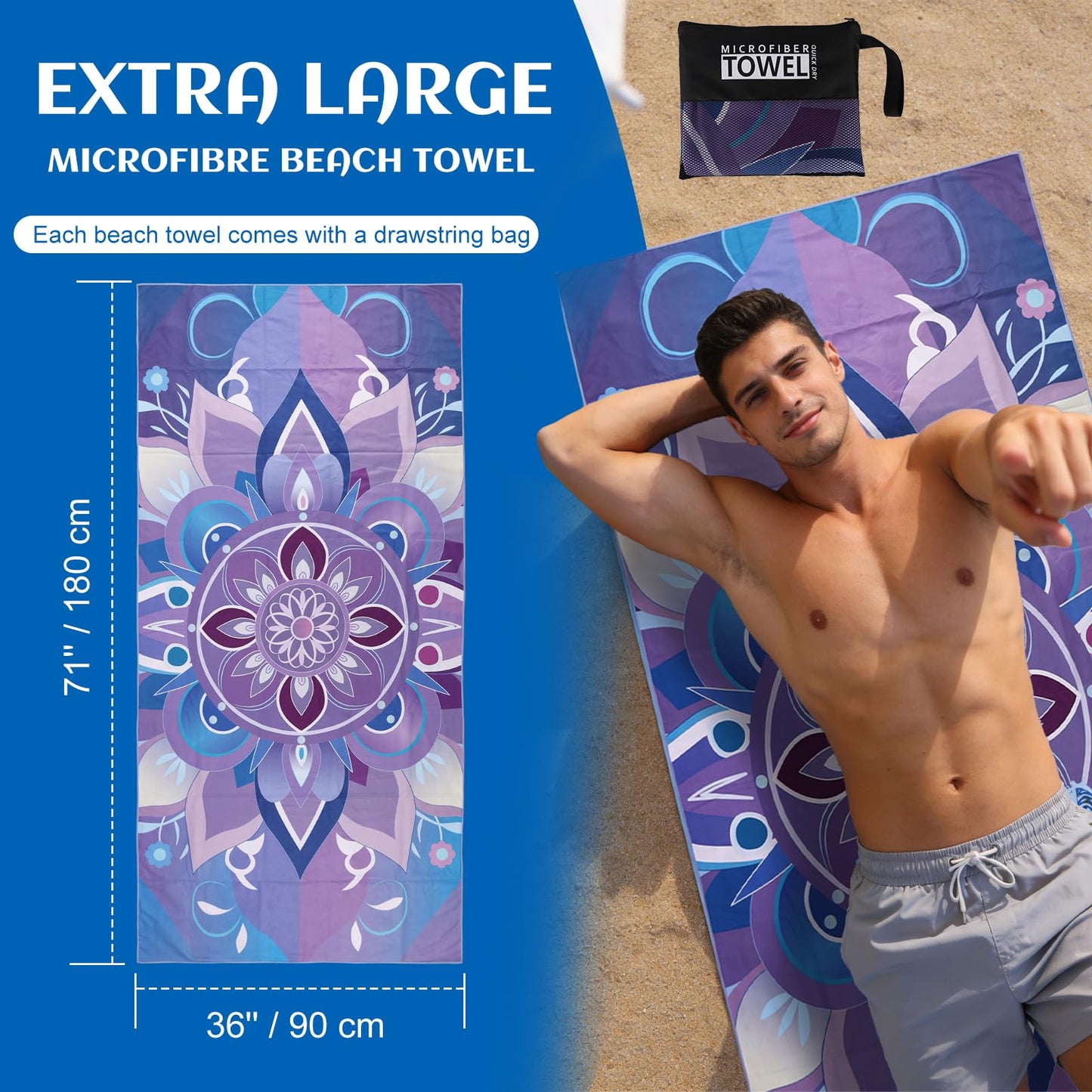 Anavasi 2 Pack Microfibre Beach Towels for Adults, 180 x 90 cm with Net Bag