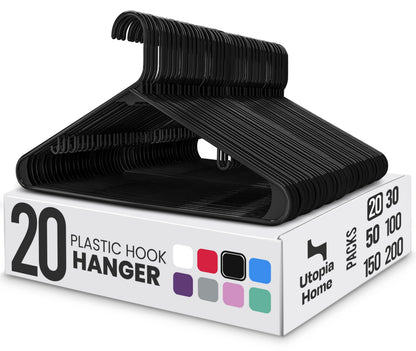 Utopia Home Plastic Hangers 20 Pack - Clothes Hanger with Hooks - Durable & Space Saving Black