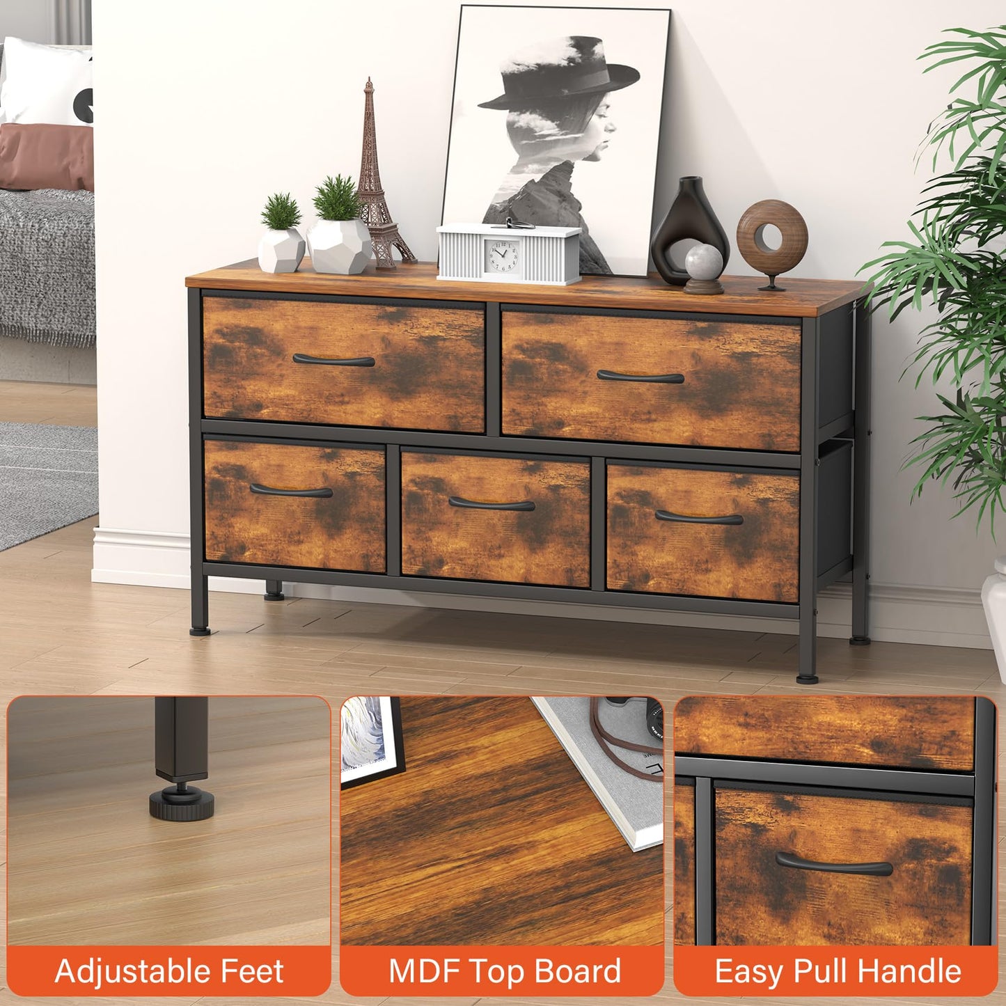 Feonase Bedroom Chest of Drawers, 5 Fabric Drawers Dresser with Metal Frame and MDF Top Board, Modern Storage Unit for Bedroom Living room, Entryway