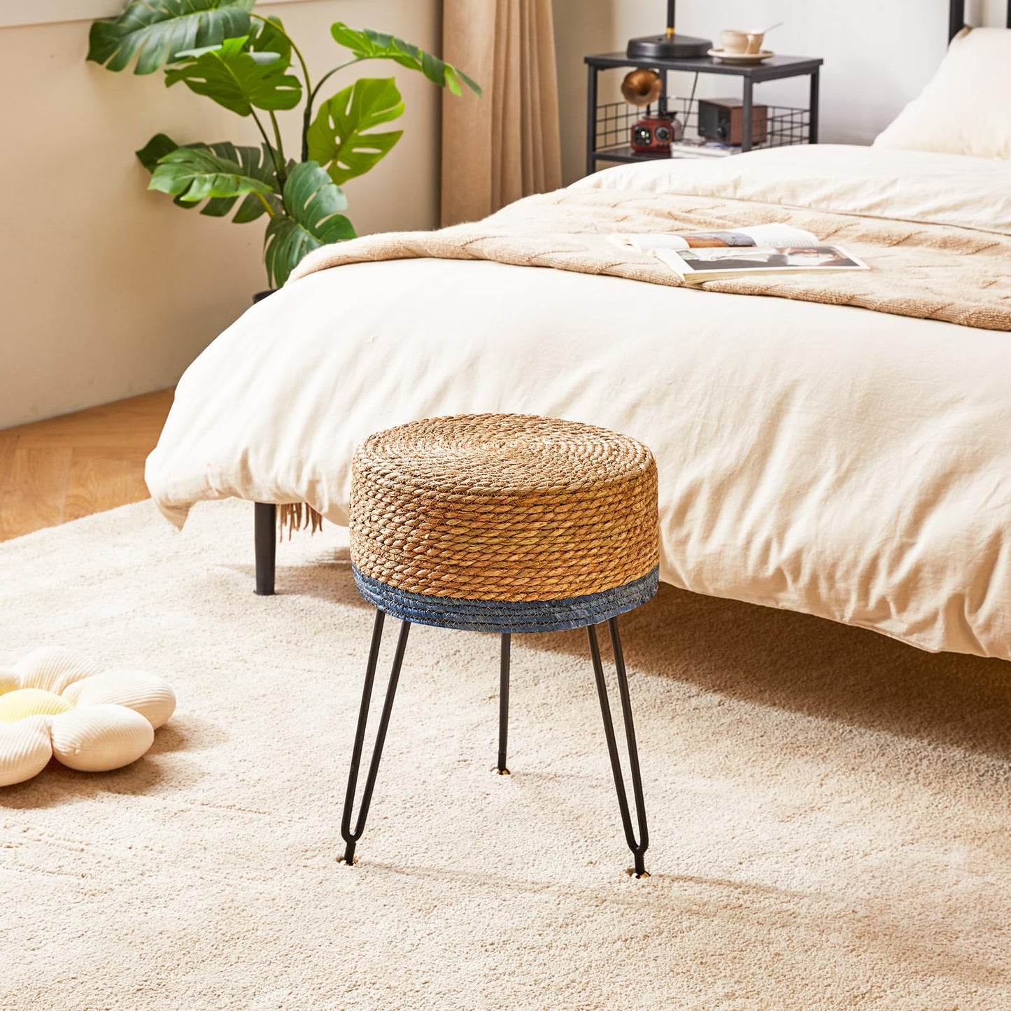 YMYNY Footstool Natural Seagrass Hand Weave, Vanity Makeup Stool, Pastoral Style Footrest, Padded Foot Rest with Metal Legs, Foot Rest Sofa Stool