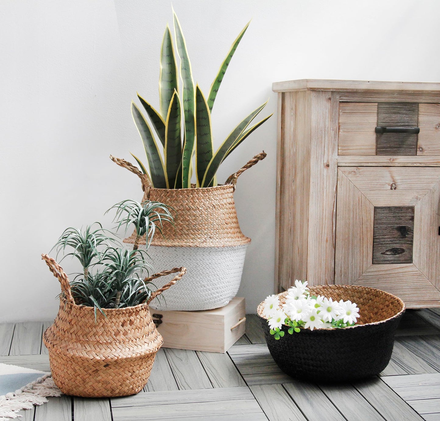 FEILANDUO Seagrass Belly Basket Woven Plant Pot with Handle, Natural Foldable Laundry Toy Storage Baskets for Shelves